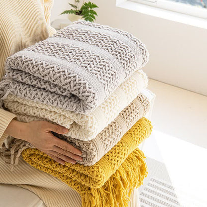 Geometric Cable Knit Fringe Throw Blanket - 1