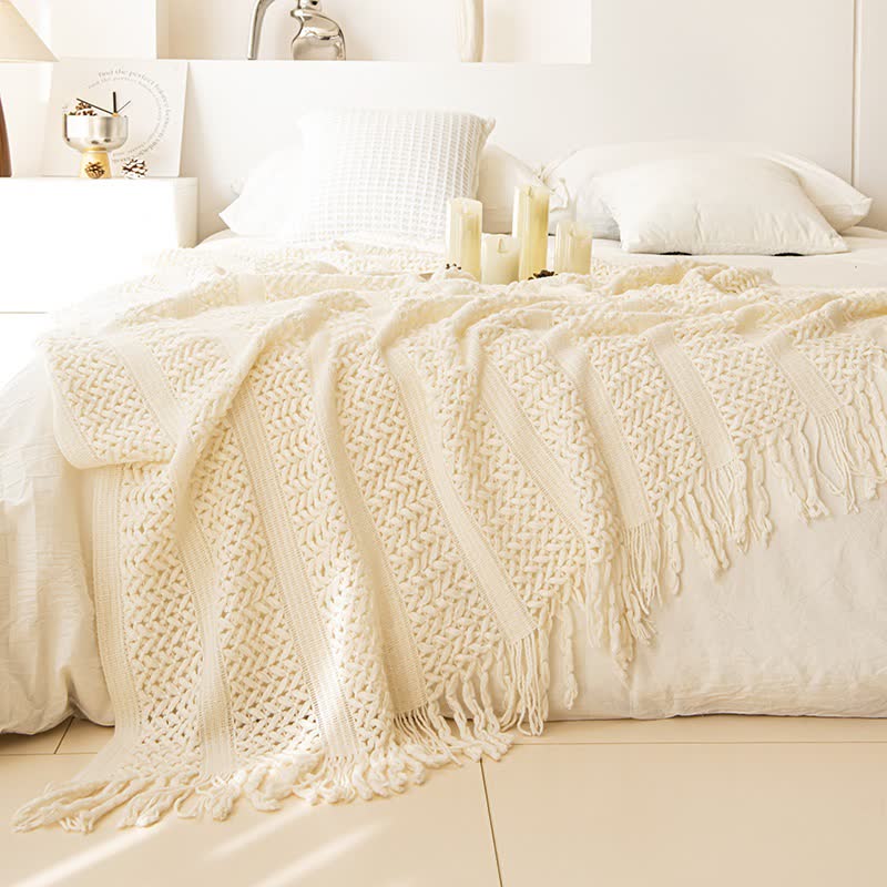 Geometric Cable Knit Fringe Throw Blanket - 2