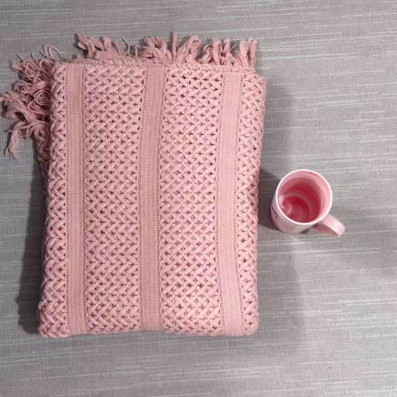 Geometric Cable Knit Fringe Throw Blanket - 8
