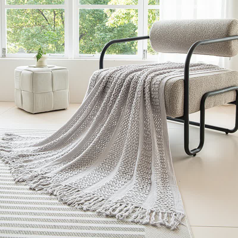 Geometric Cable Knit Fringe Throw Blanket - 5