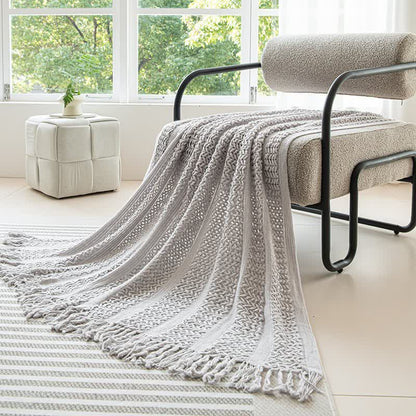 Geometric Cable Knit Fringe Throw Blanket - 5