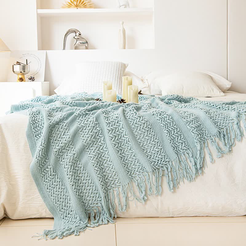 Geometric Cable Knit Fringe Throw Blanket - 3