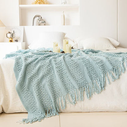 Geometric Cable Knit Fringe Throw Blanket - 3