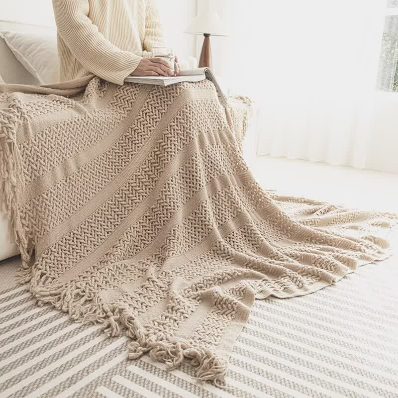 Geometric Cable Knit Fringe Throw Blanket - 6