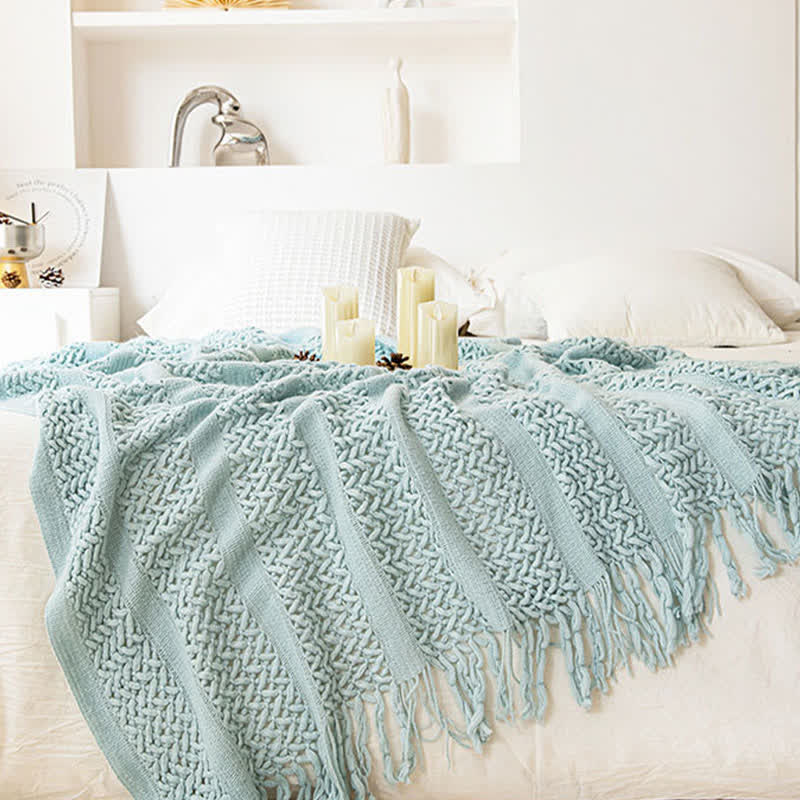 Geometric Cable Knit Fringe Throw Blanket - 4