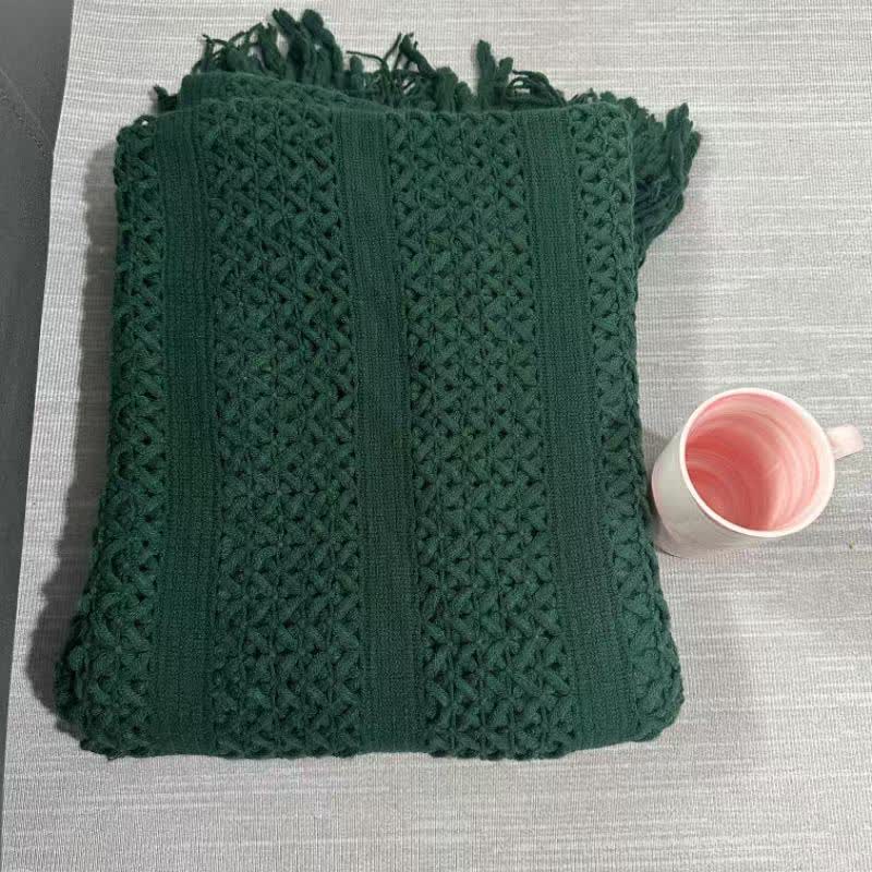 Geometric Cable Knit Fringe Throw Blanket - 9