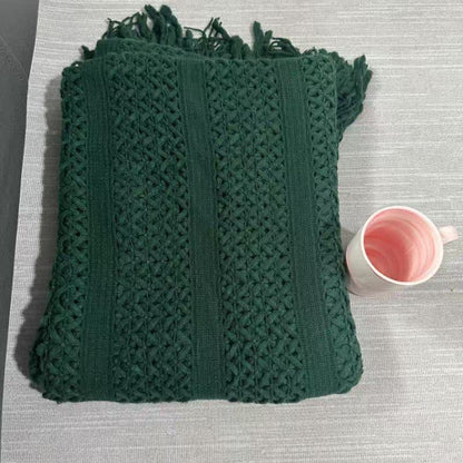 Geometric Cable Knit Fringe Throw Blanket - 9