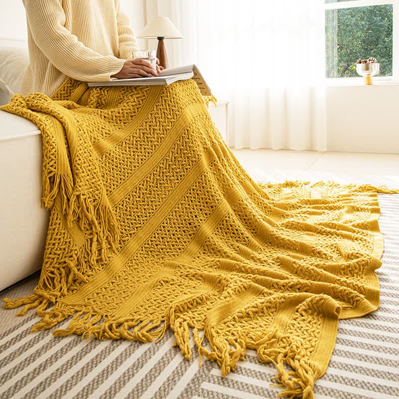 Geometric Cable Knit Fringe Throw Blanket - 11