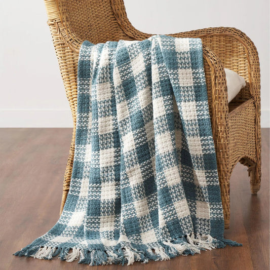 Blue and Cream Check Fringe Throw Blanket - 1