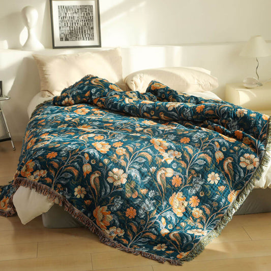 Deep Teal Botanical Fringe Throw Blanket - 1