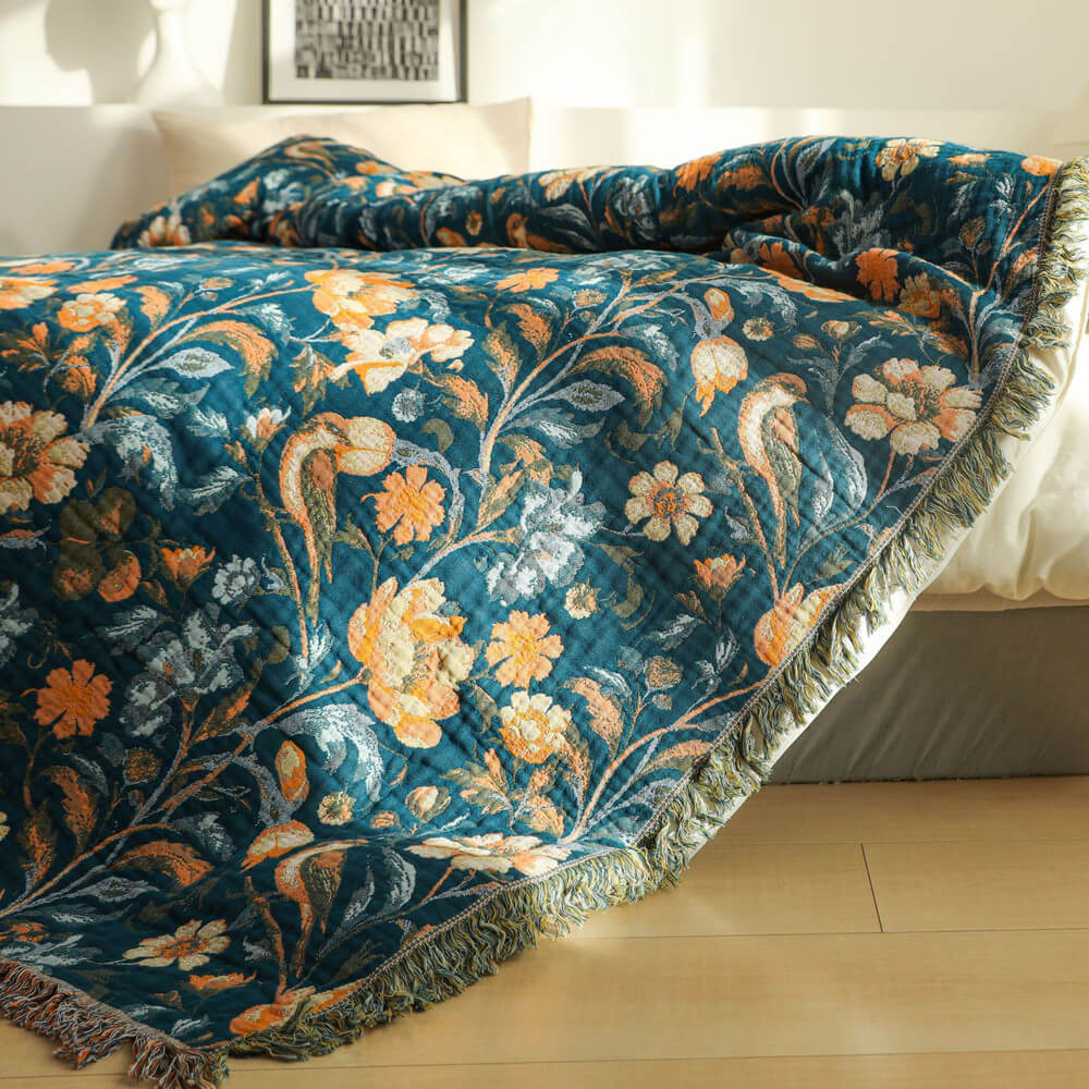 Deep Teal Botanical Fringe Throw Blanket - 2