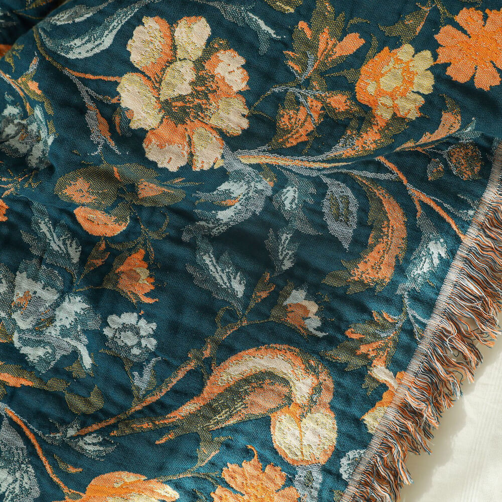 Deep Teal Botanical Fringe Throw Blanket - 3