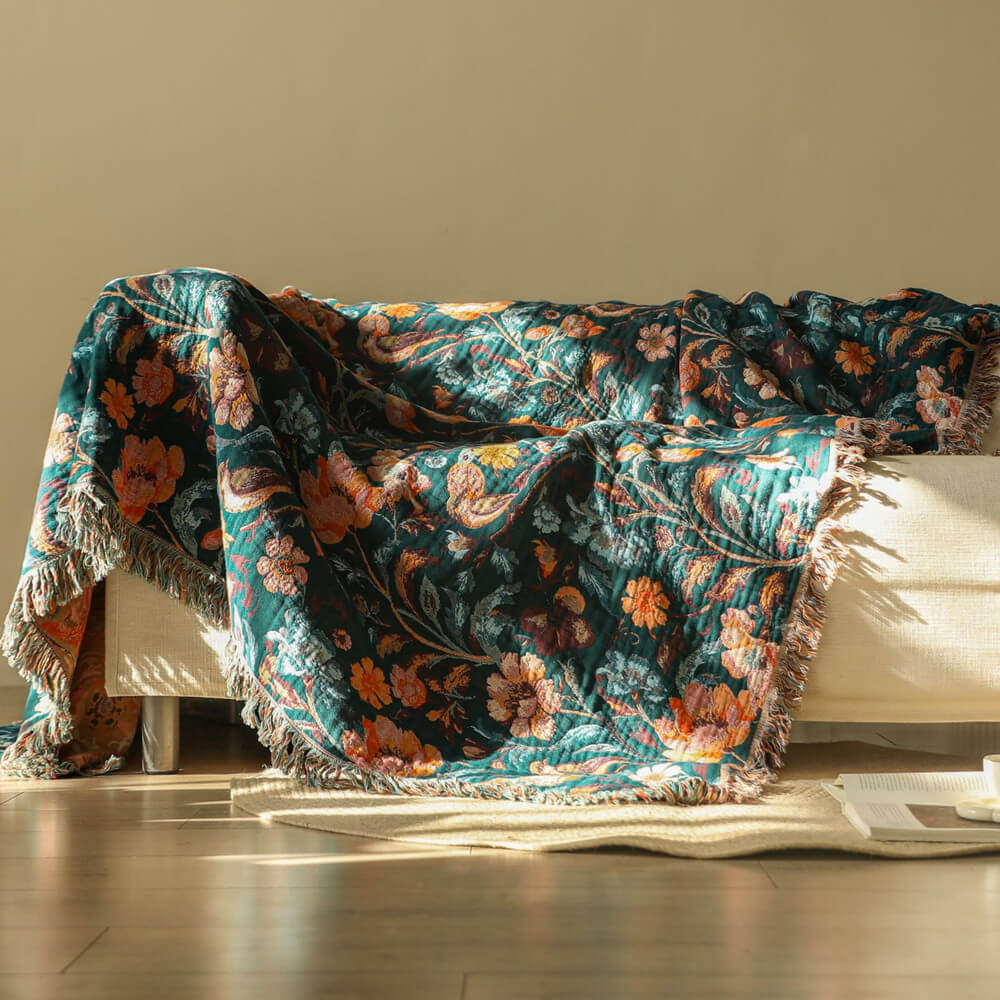Deep Teal Botanical Fringe Throw Blanket - 4