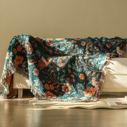 Deep Teal Botanical Fringe Throw Blanket - 4