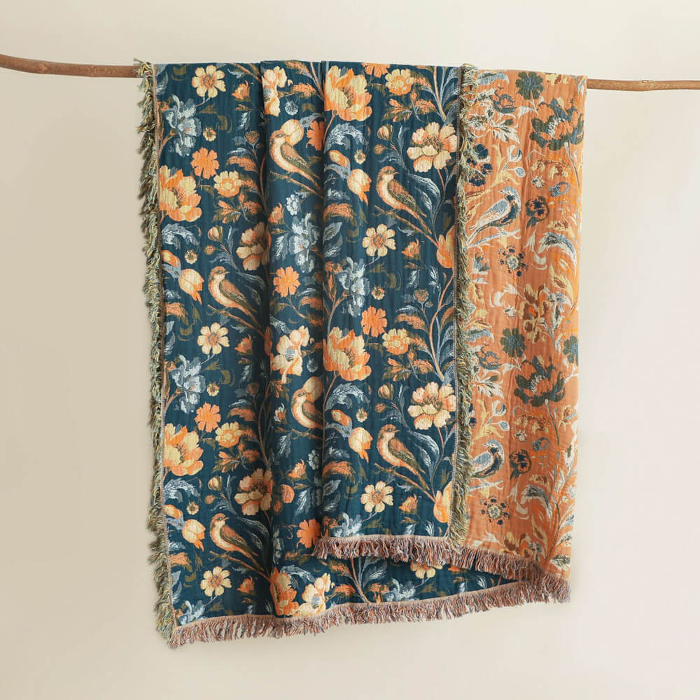 Deep Teal Botanical Fringe Throw Blanket - 5