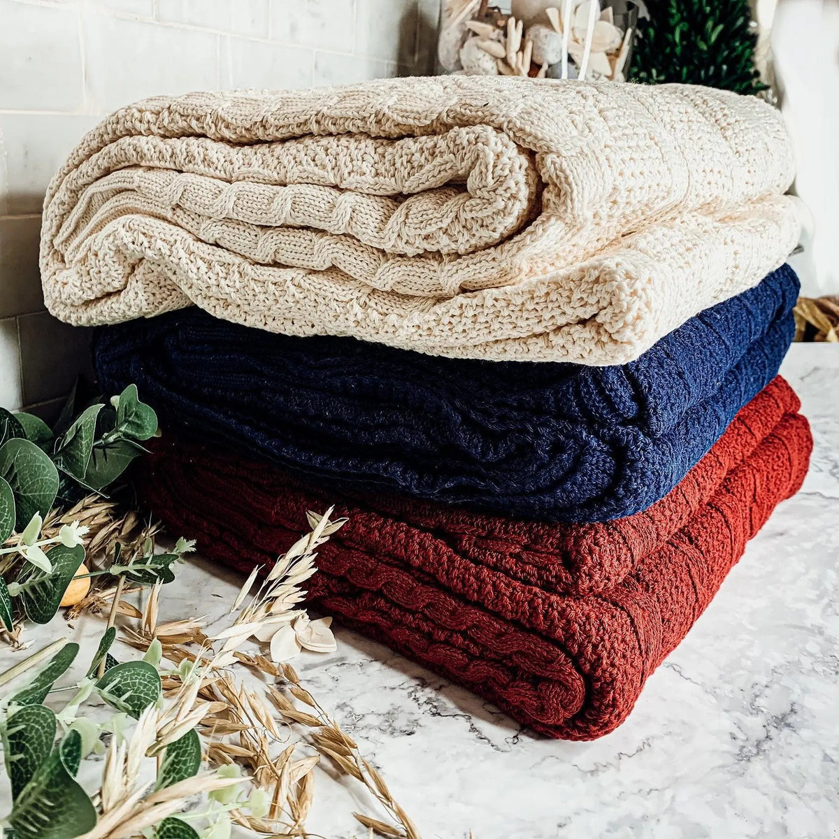 Cable and Diamond Knit Throw Blanket - 1