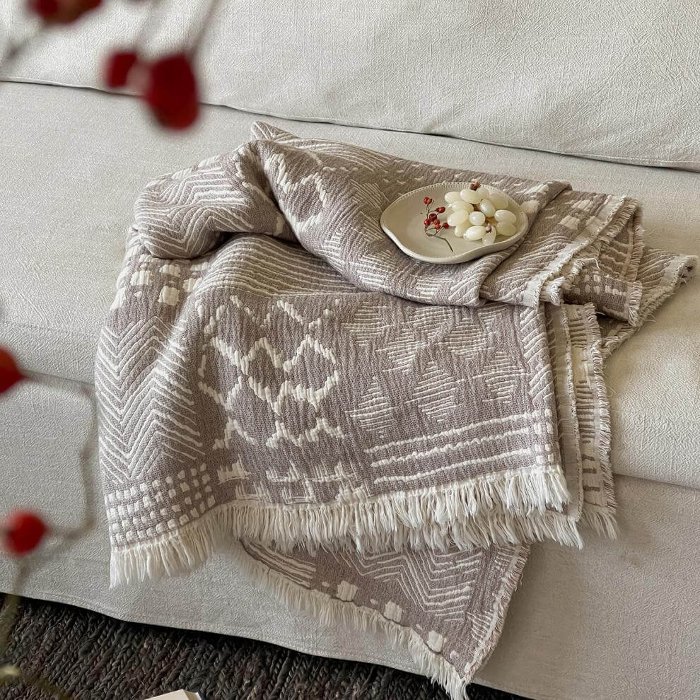 Neutral Pattern Jacquard Fringe Throw Blanket - 15