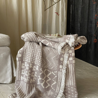 Neutral Pattern Jacquard Fringe Throw Blanket - 16