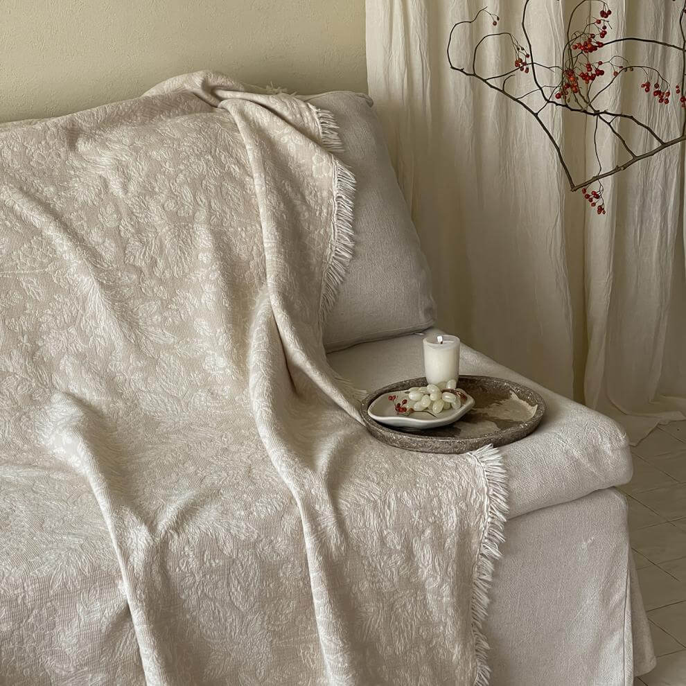 Neutral Pattern Jacquard Fringe Throw Blanket - 7