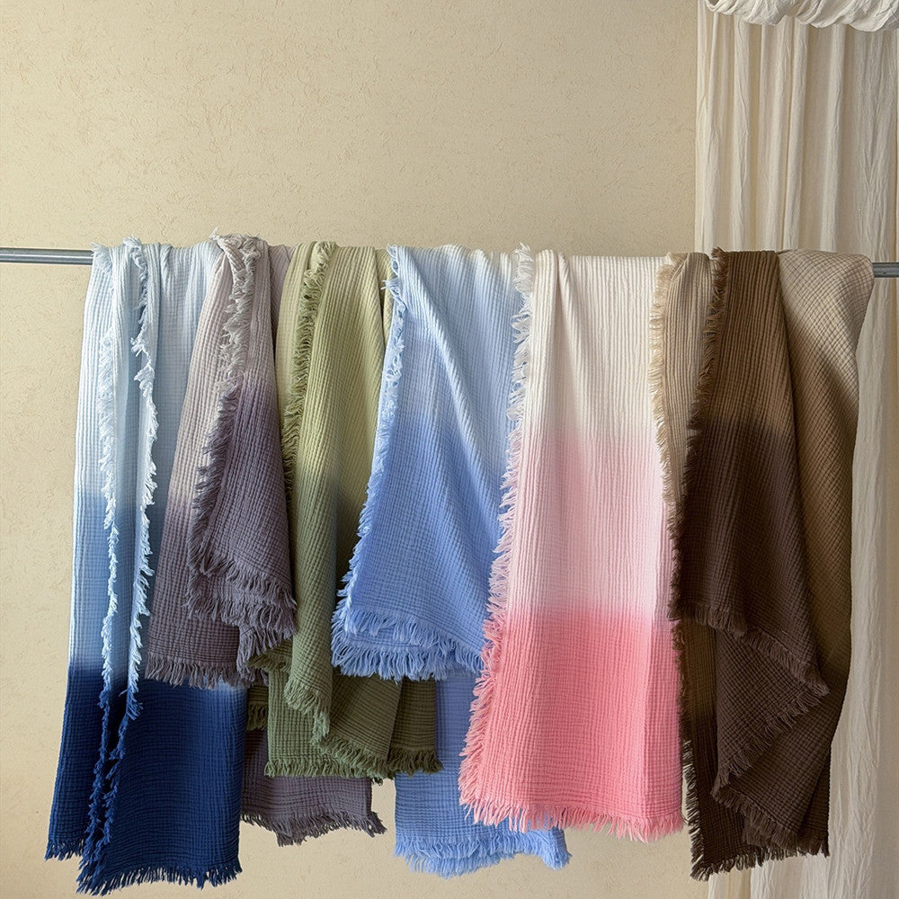 Ombre Four-Layer Cotton Muslin Fringe Throw - 1