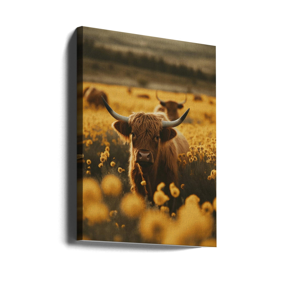 Highland Cow in Flower Meadow Canvas Wall Art - 3