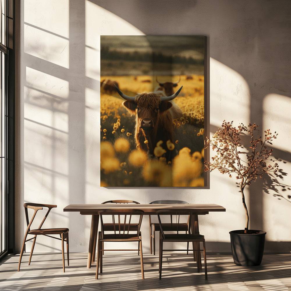 Highland Cow in Flower Meadow Canvas Wall Art - 5