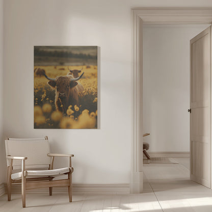 Highland Cow in Flower Meadow Canvas Wall Art - 9