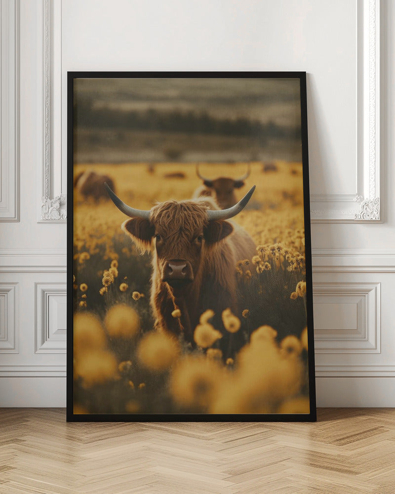 Highland Cow in Flower Meadow Canvas Wall Art - 4