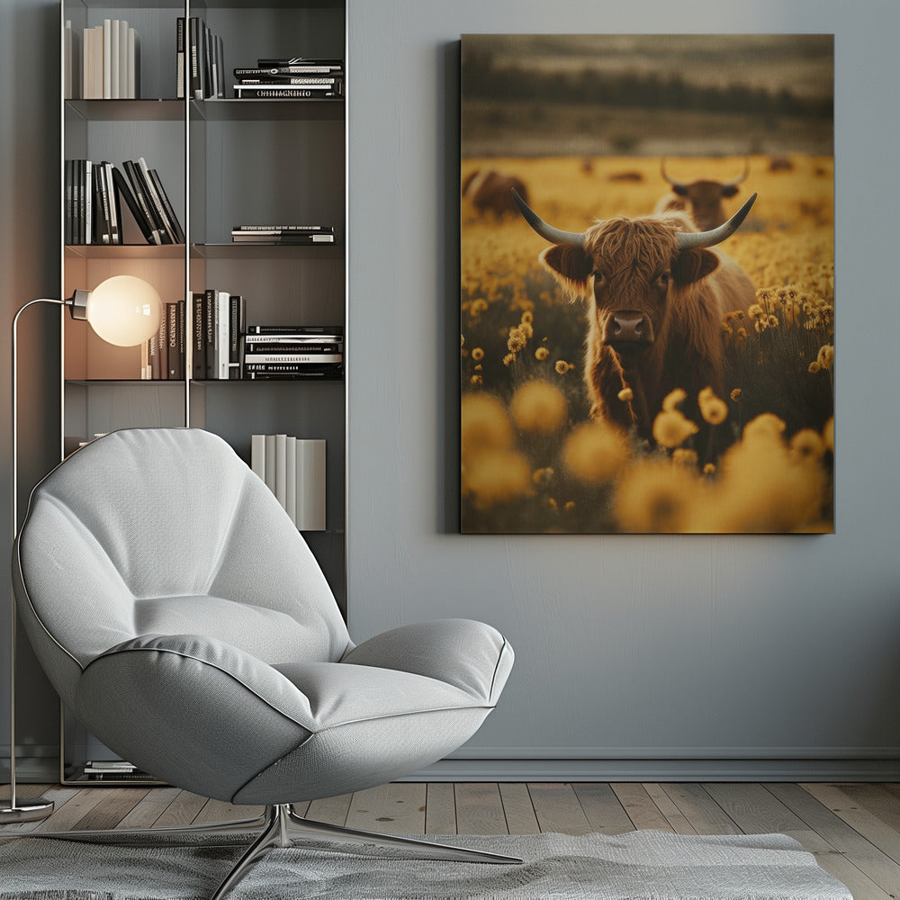 Highland Cow in Flower Meadow Canvas Wall Art - 10