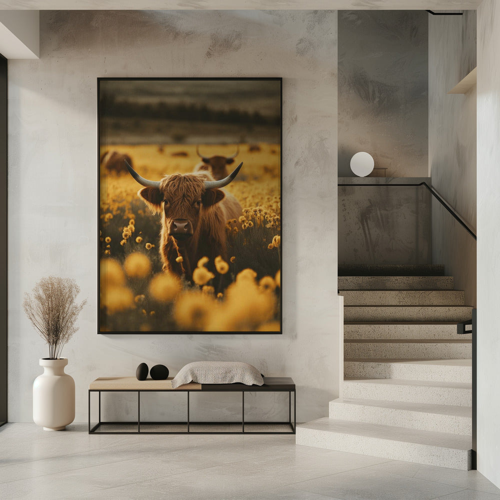 Highland Cow in Flower Meadow Canvas Wall Art - 7