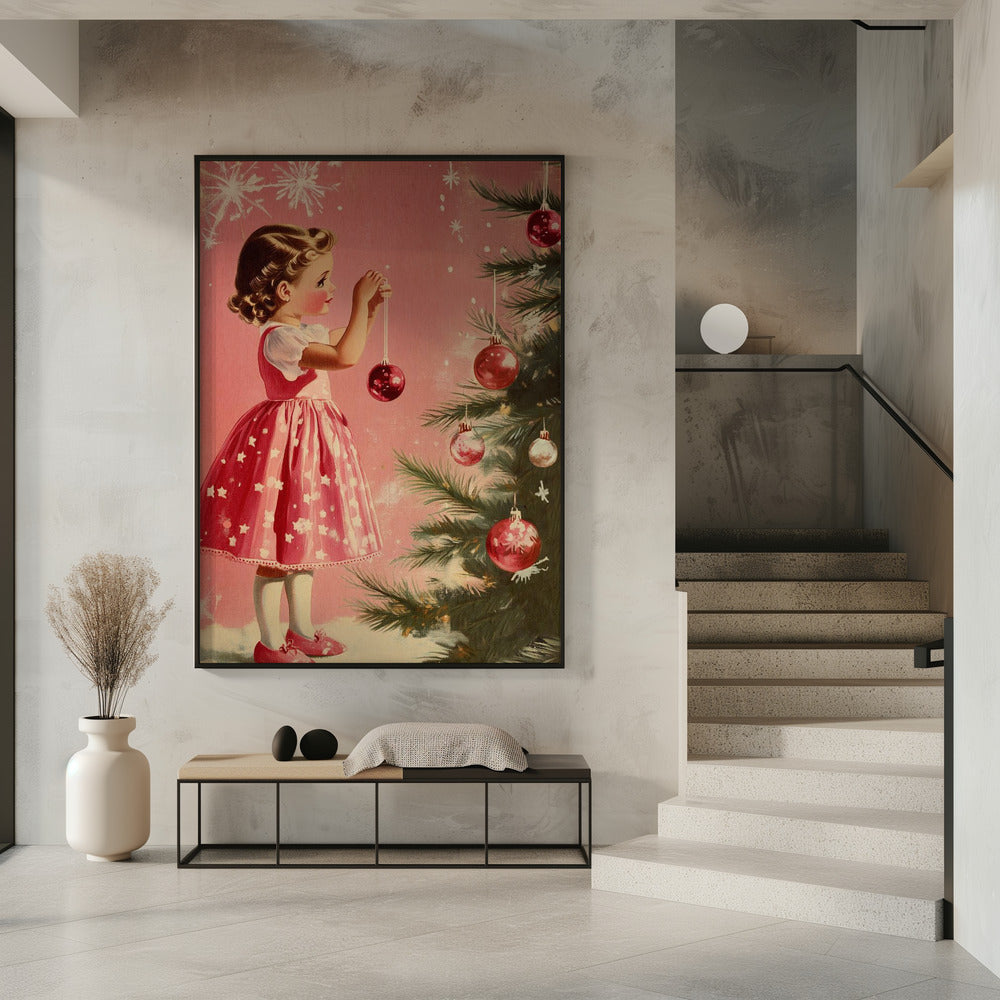 Vintage Holiday Girl and Ornament Canvas Wall Art - 1
