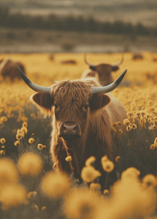 Highland Cow in Flower Meadow Canvas Wall Art - 1