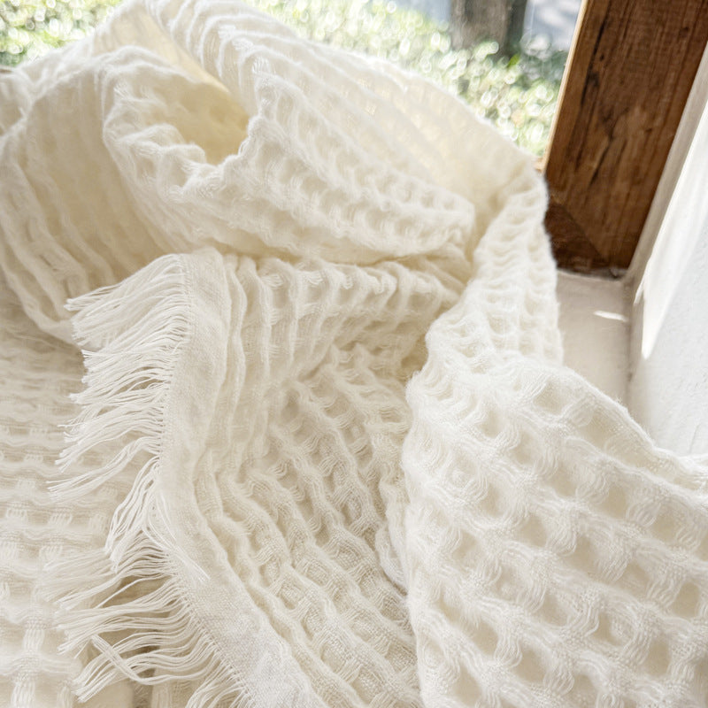 Waffle Texture Polyester Fringe Throw Blanket - 7