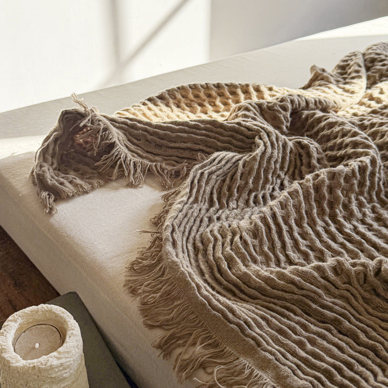 Waffle Texture Polyester Fringe Throw Blanket - 4